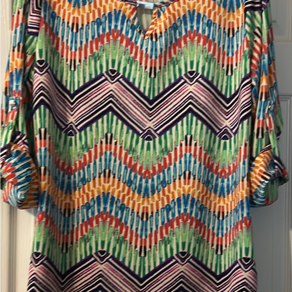 New Directions Orange and Blue Graphic Blouse